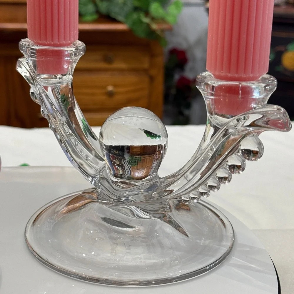 Glass Double Arm Candelabra Set 2 Clear Excellent Beaded Ball Center